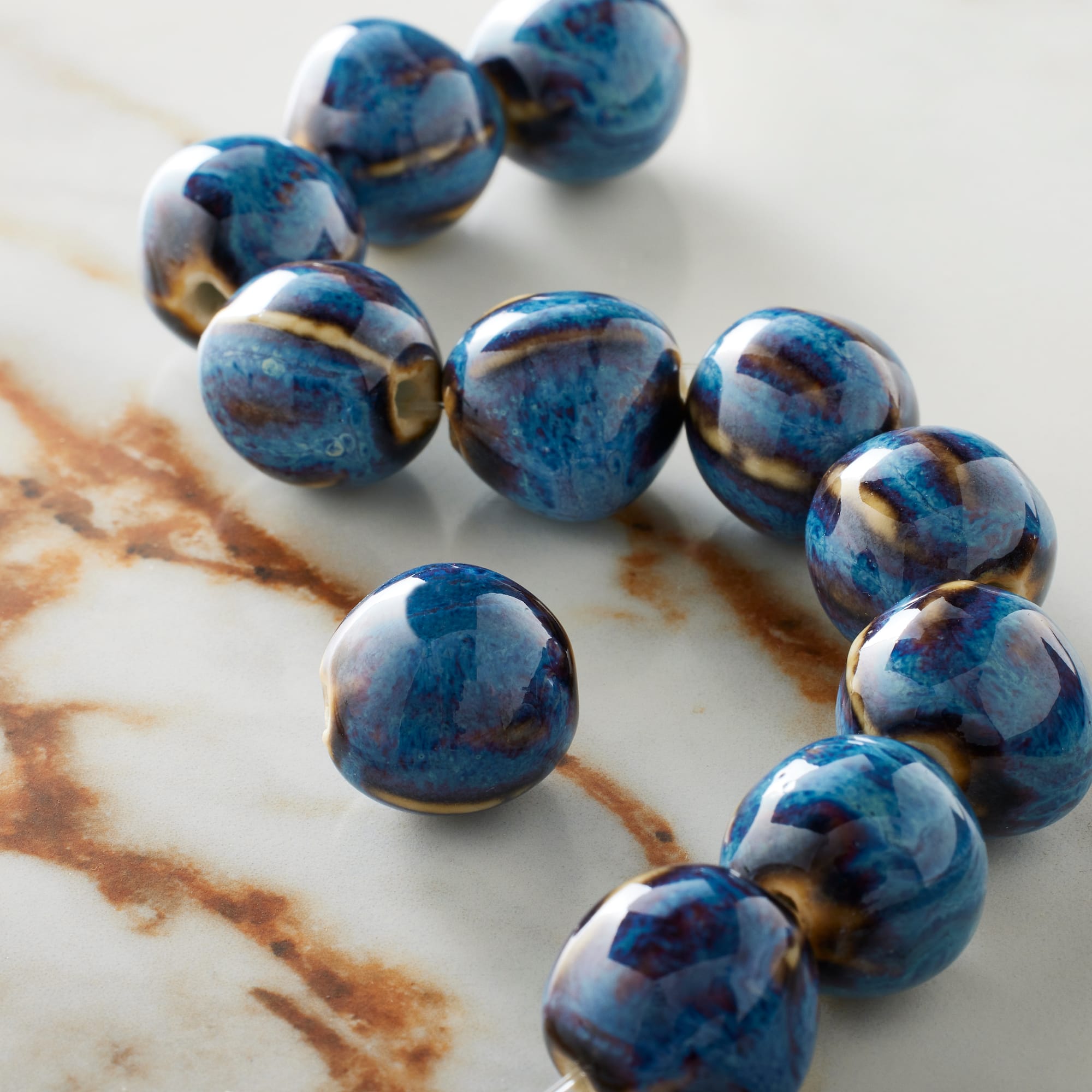 Blue Ceramic Round Melon Beads, 15mm by Bead Landing™